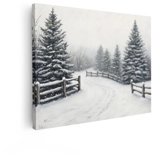 Artaza Canvas Schilderij Besneeuwde Landweg met Hekken en Dennenbomen tijdens een Winterse Sneeuwval - 80x60 cm - Wanddecoratie Woonkamer - Schilderijen - Muurdecoratie