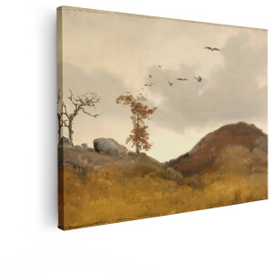 Artaza Canvas Schilderij Schilderij van een Herfstlandschap met Vliegende Vogels en Rotsen - 40x30 cm - Klein - Wanddecoratie Woonkamer - Schilderijen - Muurdecoratie