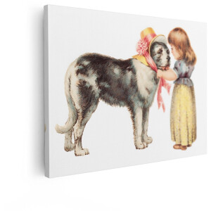 Artaza Canvas Schilderij Hond - 80x60 cm - Wanddecoratie Vintage Meisje - Muurdecoratie Kinderkamer - Decoratie Brocante Sint-Bernard