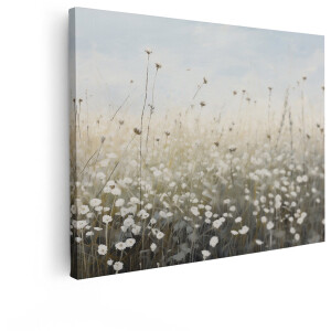 Artaza Canvas Schilderij Witte Bloemenweide - 40x30 cm - Wanddecoratie Landschap - Muurdecoratie Boho - Decoratie Natuur - Schilderijen Op Canvas