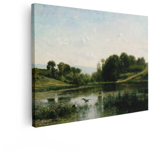 Artaza Canvas Schilderij Schilderachtig Landschap met een Vijver - Vogels en Weelderige Vegetatie - 80x60 cm - Wanddecoratie Woonkamer - Schilderijen - Muurdecoratie