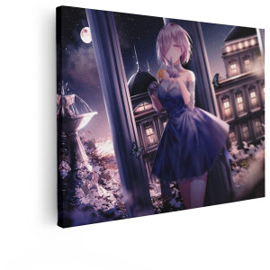 Artaza Canvas Schilderij Mooie Anime Dame in Elegante Jurk onder Maanlicht bij een Paleis - 40x30 cm - Klein - Wanddecoratie Woonkamer - Schilderijen - Muurdecoratie