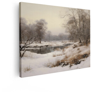 Artaza Canvas Schilderij Winterlandschap - 80x60 cm - Wanddecoratie Natuur - Muurdecoratie Bevroren Rivier - Schilderijen Landschap
