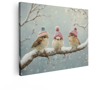 Artaza Canvas Schilderij Drie Schattige Vogeltjes met Wintermutsjes op een Besneeuwde Tak - 40x30 cm - Klein - Wanddecoratie Woonkamer - Schilderijen - Muurdecoratie