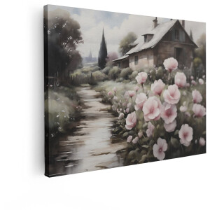 Artaza Canvas Schilderij Schilderachtig Landschap met een Huisje en Roze Bloemen langs een Pad - 120x90 cm - Groot - Wanddecoratie Woonkamer - Schilderijen - Muurdecoratie