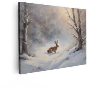 Artaza Canvas Schilderij Een Bruine Haas Zit in de Sneeuw tussen Winterse Bomen met Zacht Ochtendlicht - 80x60 cm - Wanddecoratie Woonkamer - Schilderijen - Muurdecoratie