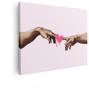 Artaza Canvas Schilderij Twee Handen Raken Elkaar aan met een Roze Hart - een Moderne Twist op de Schepping van Adam - 120x90 cm - Groot - Wanddecoratie Woonkamer - Schilderijen - Muurdecoratie