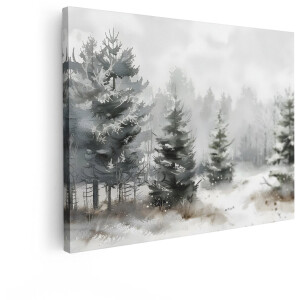 Artaza Canvas Schilderij Sfeervol Winterlandschap met Besneeuwde Dennenbomen en Mistige Achtergrond - 120x90 cm - Groot - Wanddecoratie Woonkamer - Schilderijen - Muurdecoratie