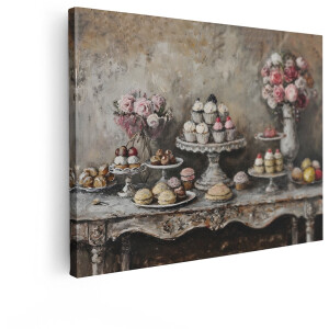 Artaza Canvas Schilderij Stilleven Gebak - 40x30 cm - Wanddecoratie Brocante - Muurdecoratie Rozen - Decoratie Vintage Bloemen - Kamer Accessoires