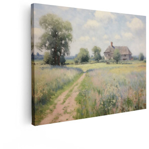Artaza Canvas Schilderij Landschap Boerderij - 120x90 cm - Wanddecoratie Bloemenveld - Muurdecoratie Landelijk - Decoratie Impressionisme Monet Stijl