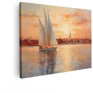 Artaza Canvas Schilderij Schoener Zeilend bij Zonsondergang met een Stad op de Achtergrond - 80x60 cm - Wanddecoratie Woonkamer - Schilderijen - Muurdecoratie