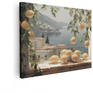 Artaza Canvas Schilderij Zonnige Citroenen aan een Boom met Uitzicht op een Kustplaats aan Zee - 40x30 cm - Klein - Wanddecoratie Woonkamer - Schilderijen - Muurdecoratie
