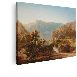 Artaza Canvas Schilderij Idyllisch Berglandschap met meer - Hut en Vissende Figuren in de Herfst - 120x90 cm - Groot - Wanddecoratie Woonkamer - Schilderijen - Muurdecoratie