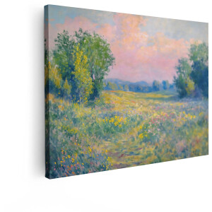 Artaza Canvas Schilderij Zomerse Weide met Wilde Bloemen en Bomen bij Zonsondergang - 40x30 cm - Klein - Wanddecoratie Woonkamer - Schilderijen - Muurdecoratie