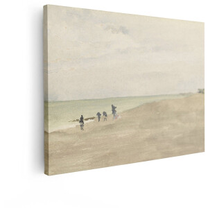 Artaza Canvas Schilderij Mensen Lopen langs de Kustlijn met de Zee en de Lucht op de Achtergrond - 80x60 cm - Wanddecoratie Woonkamer - Schilderijen - Muurdecoratie