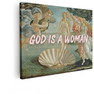 Artaza Canvas Schilderij De Geboorte van Venus met de Tekst 'God Is een Vrouw' - 80x60 cm - Wanddecoratie Woonkamer - Schilderijen - Muurdecoratie