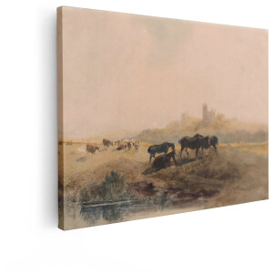 Artaza Canvas Schilderij Paarden en Koeien in een Landschap met een Kasteel op de Achtergrond - 80x60 cm - Wanddecoratie Woonkamer - Schilderijen - Muurdecoratie