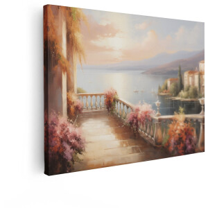 Artaza Canvas Schilderij Zonsopgang over een Italiaans meer met Bloeiende Balkon en Klassieke Architectuur - 120x90 cm - Groot - Wanddecoratie Woonkamer - Schilderijen - Muurdecoratie