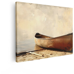 Artaza Canvas Schilderij Oude Kano met Peddel op het Strand - Rustige Wateren en een Artistieke Achtergrond - 120x90 cm - Groot - Wanddecoratie Woonkamer - Schilderijen - Muurdecoratie