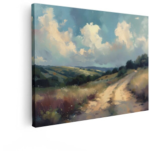 Artaza Canvas Schilderij Schilderachtig Landschap met Glooiende Heuvels en een Zonnig Pad - Impressionistische Stijl - 80x60 cm - Wanddecoratie Woonkamer - Schilderijen - Muurdecoratie
