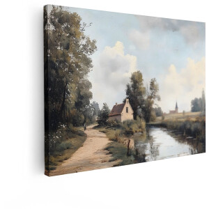 Artaza Canvas Schilderij Landschap - 120x90 cm - Wanddecoratie Natuur - Muurdecoratie Klassiek Schilderij - Decoratie Woonkamer Hollands Dorpsgezicht