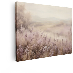 Artaza Canvas Schilderij Zachte Lavendelvelden in de Vroege Ochtendnevel met Zachte Heuvels op de Achtergrond - 40x30 cm - Klein - Wanddecoratie Woonkamer - Schilderijen - Muurdecoratie