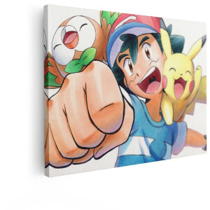 Artaza Canvas Schilderij Ash Ketchum en Pikachu Vieren een Overwinning met Rowlet in de Anime - 120x90 cm - Groot - Wanddecoratie Woonkamer - Schilderijen - Muurdecoratie
