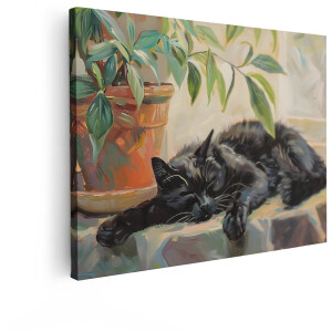 Artaza Canvas Schilderij Zwarte Kat Slaapt Vredig Naast Planten in Zonnig Vensterbank Schilderij - 40x30 cm - Klein - Wanddecoratie Woonkamer - Schilderijen - Muurdecoratie