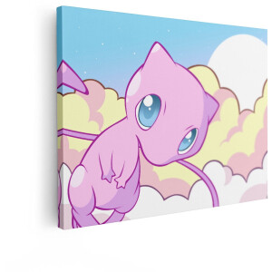 Artaza Canvas Schilderij Mew - 80x60 cm - Wanddecoratie Pokemon - Muurdecoratie Kinderkamer - Schilderijen Anime - Roze