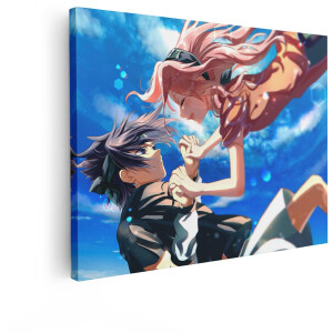 Artaza Canvas Schilderij Anime Stelletje dat Elkaar Vasthoudt in de Lucht met een Blauwe Hemel - 40x30 cm - Klein - Wanddecoratie Woonkamer - Schilderijen - Muurdecoratie