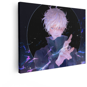 Artaza Canvas Schilderij Anime Jongen - 120x90 cm - Wanddecoratie Jongenskamer - Muurdecoratie Portret - Schilderijen Op Canvas Wit Blauw