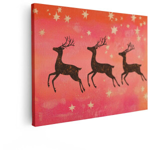 Artaza Canvas Schilderij Drie Herten Silhouetten met Sterren op een Roze en Oranje Achtergrond - 40x30 cm - Klein - Wanddecoratie Woonkamer - Schilderijen - Muurdecoratie