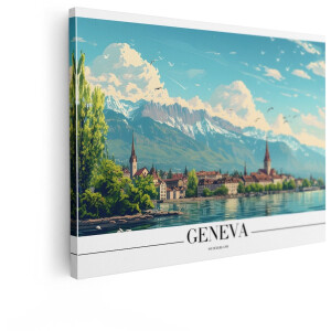 Artaza Canvas Schilderij Genève - 80x60 cm - Wanddecoratie Zwitserland - Muurdecoratie Bergen - Schilderijen Landschap - Decoratie Stad