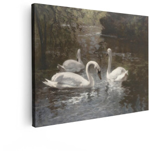 Artaza Canvas Schilderij Drie Witte Zwanen Zwemmen Rustig in een Schilderachtige - Bosrijke Rivieromgeving - 40x30 cm - Klein - Wanddecoratie Woonkamer - Schilderijen - Muurdecoratie