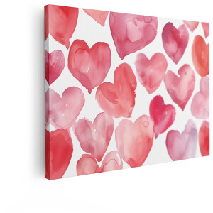 Artaza Canvas Schilderij Zachte Aquarel Harten in Verschillende Tinten Roze en Rood - een Romantisch Patroon - 80x60 cm - Wanddecoratie Woonkamer - Schilderijen - Muurdecoratie
