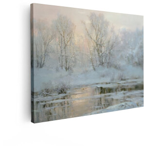 Artaza Canvas Schilderij Winterlandschap - 120x90 cm - Wanddecoratie Besneeuwde Bomen - Muurdecoratie Natuur - Decoratie Bevroren Rivier