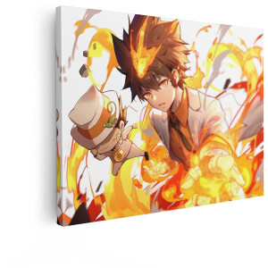 Artaza Canvas Schilderij Anime Jongen met Vlammen en Kleine Metgezel in Actie - 120x90 cm - Groot - Wanddecoratie Woonkamer - Schilderijen - Muurdecoratie