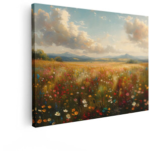 Artaza Canvas Schilderij Bloemenveld - 120x90 cm - Wanddecoratie Wilde Bloemen - Muurdecoratie Landschap - Decoratie Bergen Natuur
