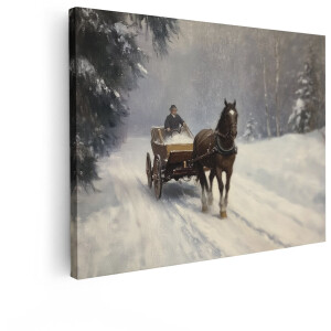 Artaza Canvas Schilderij Paard en Wagen Rijden door een Besneeuwd Bos in de Winter - 40x30 cm - Klein - Wanddecoratie Woonkamer - Schilderijen - Muurdecoratie