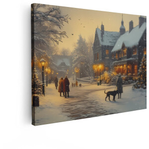 Artaza Canvas Schilderij Sfeervolle Winteravond met Sneeuwval en Verlichte Huizen en Kerstboom - 80x60 cm - Wanddecoratie Woonkamer - Schilderijen - Muurdecoratie