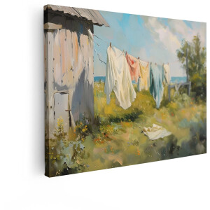 Artaza Canvas Schilderij Zomerse Wasgoed Hangt Te Drogen in de Zon met een Schuur en Groen Gras - 80x60 cm - Wanddecoratie Woonkamer - Schilderijen - Muurdecoratie