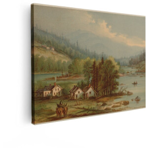 Artaza Canvas Schilderij Berglandschap - 80x60 cm - Wanddecoratie Vintage - Muurdecoratie Natuur - Schilderijen Landschap Rivier