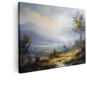 Artaza Canvas Schilderij Schilderachtig Berglandschap met Bloemen en Mistige Vallei bij Zonsopgang - 40x30 cm - Klein - Wanddecoratie Woonkamer - Schilderijen - Muurdecoratie