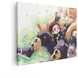 Artaza Canvas Schilderij Demon Slayer - 80x60 cm - Wanddecoratie Anime Kinderkamer - Muurdecoratie Jongenskamer - Decoratie Chibi Personages