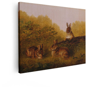 Artaza Canvas Schilderij Drie Konijnen in een Bosrijke Omgeving met Gras en een Omgevallen Boomstam - 80x60 cm - Wanddecoratie Woonkamer - Schilderijen - Muurdecoratie