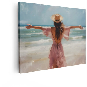 Artaza Canvas Schilderij Vrouw - 80x60 cm - Wanddecoratie Strand Zee - Muurdecoratie Boho - Decoratie Woonkamer Roze