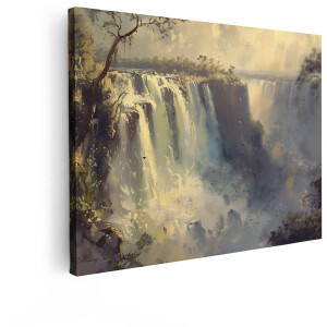 Artaza Canvas Schilderij Majestueuze Watervallen Badend in Gouden Ochtendzonlicht met Nevel en Vogels - 80x60 cm - Wanddecoratie Woonkamer - Schilderijen - Muurdecoratie