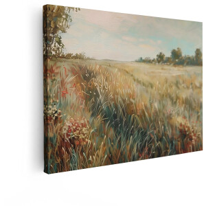 Artaza Canvas Schilderij Schilderachtige Weide met Hoge Grassen en Wilde Bloemen onder een Zachte Hemel - 120x90 cm - Groot - Wanddecoratie Woonkamer - Schilderijen - Muurdecoratie