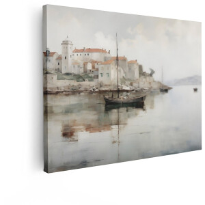 Artaza Canvas Schilderij Kustdorp - 80x60 cm - Wanddecoratie Zeilboot - Muurdecoratie Vintage Landschap - Decoratie Zee - Kamer Accessoires