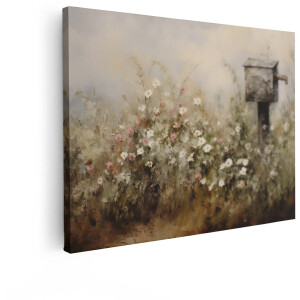 Artaza Canvas Schilderij Bloemenveld - 80x60 cm - Wanddecoratie Landelijk - Muurdecoratie Vogelhuisje - Decoratie Bloemen Schilderij